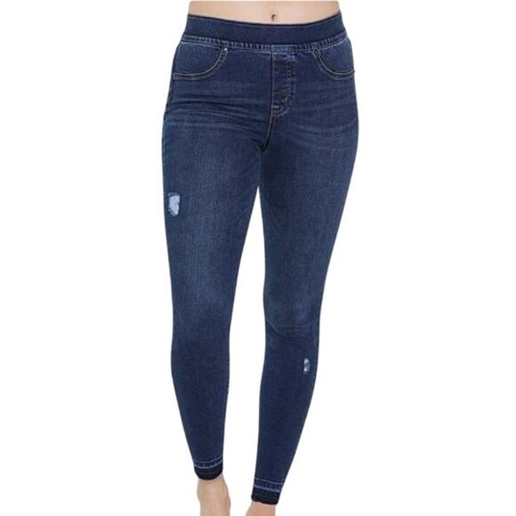 Spanx Distressed Denim High Rise Elastic Waist Jeggings Blue Wash Women Small - Picture 1 of 9
